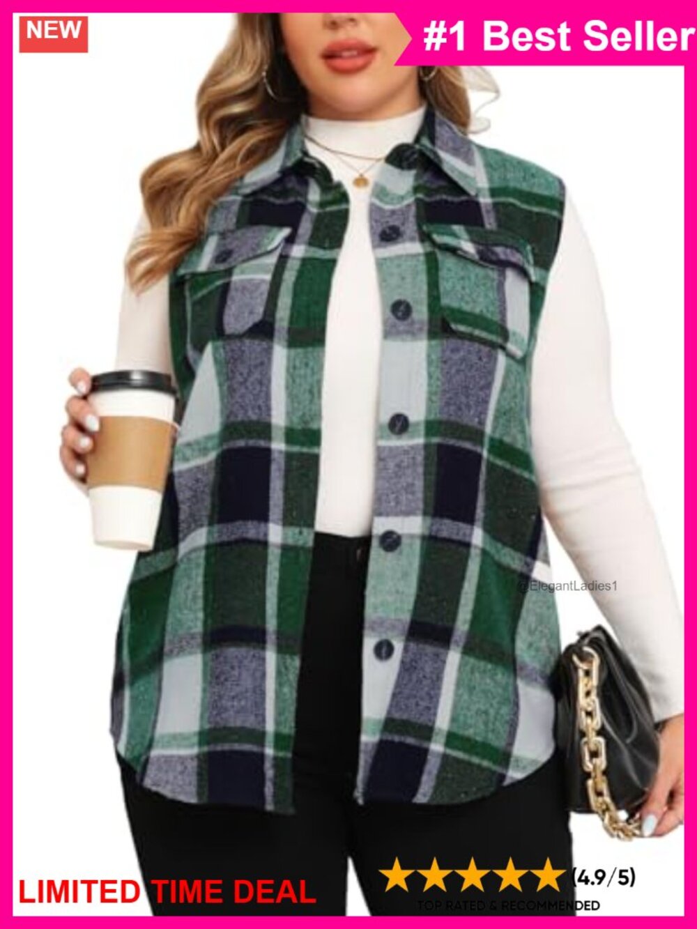 Plus Size Flannel Plaid Long Vest Button Down Sleeveless Shacket Jacket